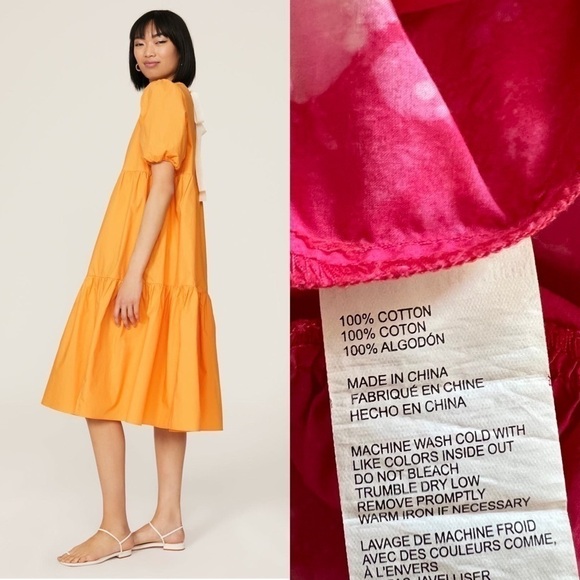 PETER SOM Midi Dress Bleach Splatter Puff Short Sleeve Ruffle Tiered Tie‎ Back 6 - Picture 7 of 9